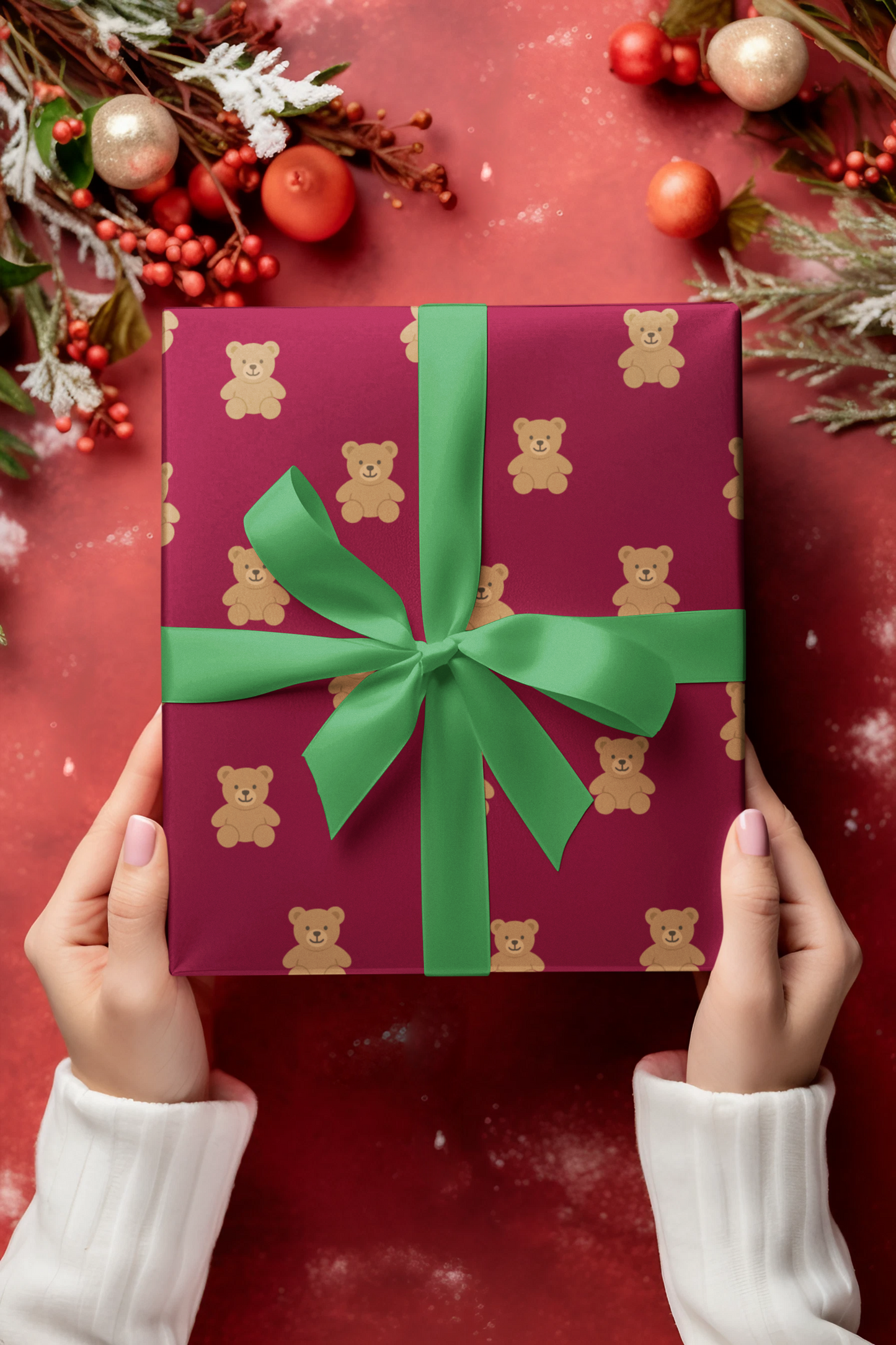 Teddy Bear Pattern Wrapping Paper — Festive Red & Gold Gift Wrap for Holidays