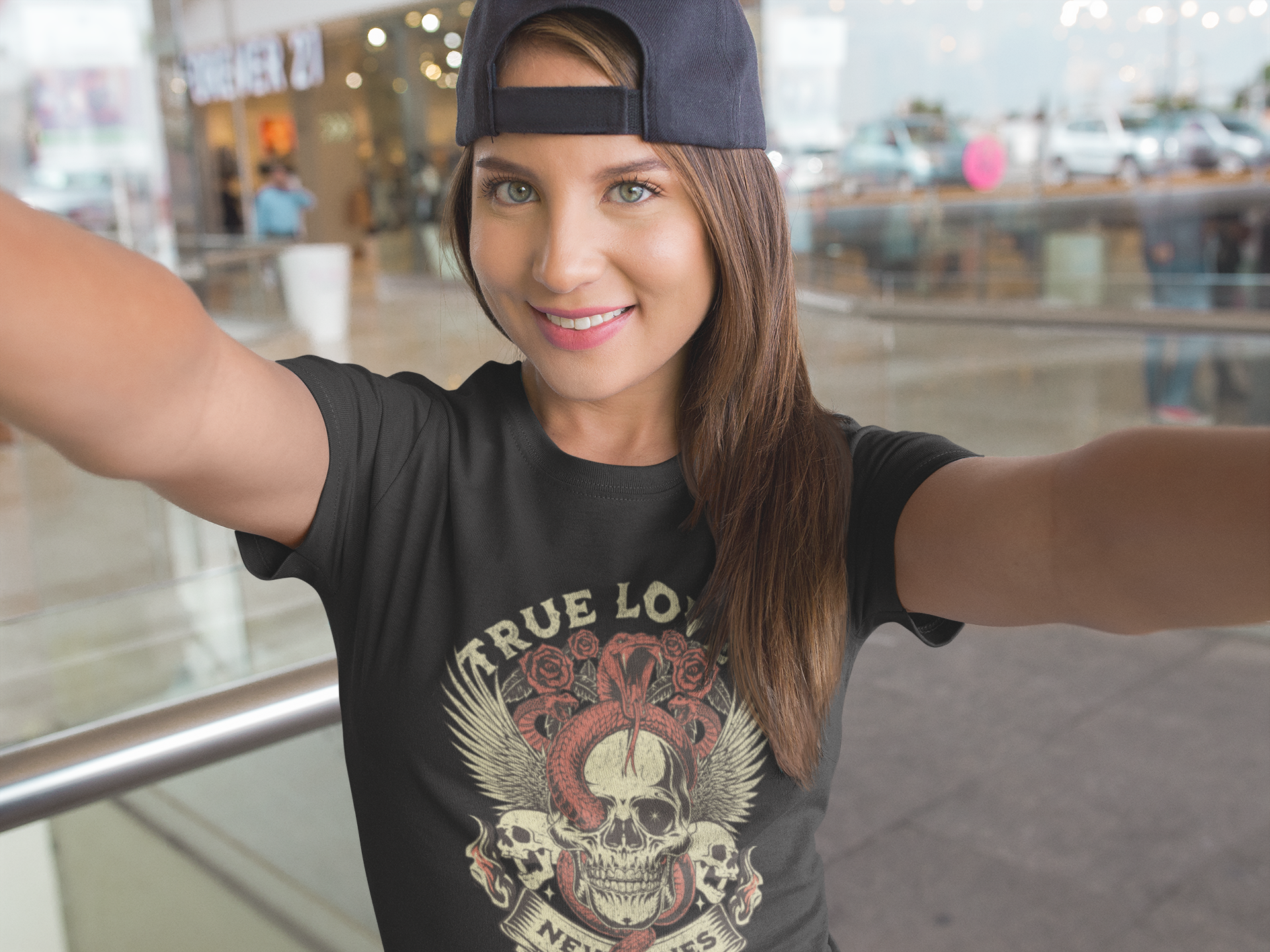 True Love Skull Graphic Organic Rib Baby Tee – Gothic Tattoo-Style Snake & Skull Shirt