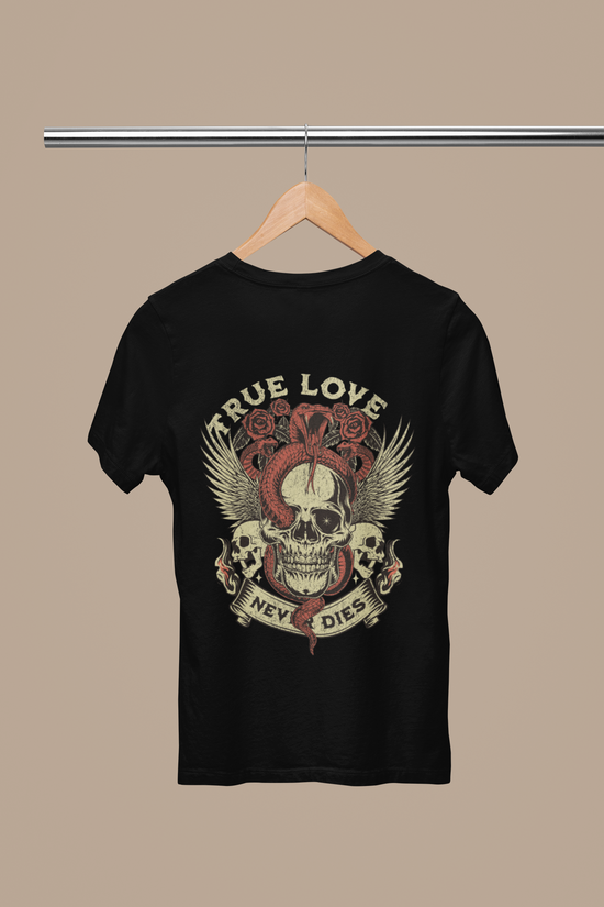 True Love Skull Graphic Organic Rib Baby Tee – Gothic Tattoo-Style Snake & Skull Shirt