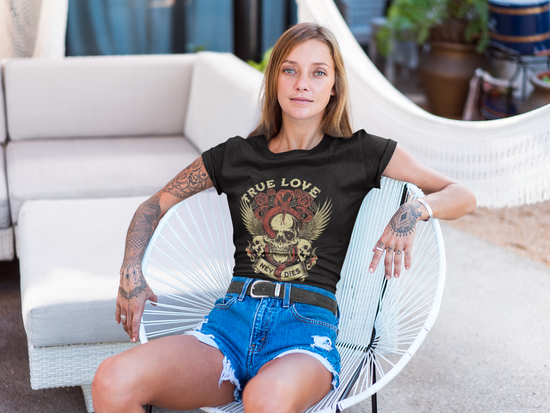 True Love Skull Graphic Organic Rib Baby Tee – Gothic Tattoo-Style Snake & Skull Shirt