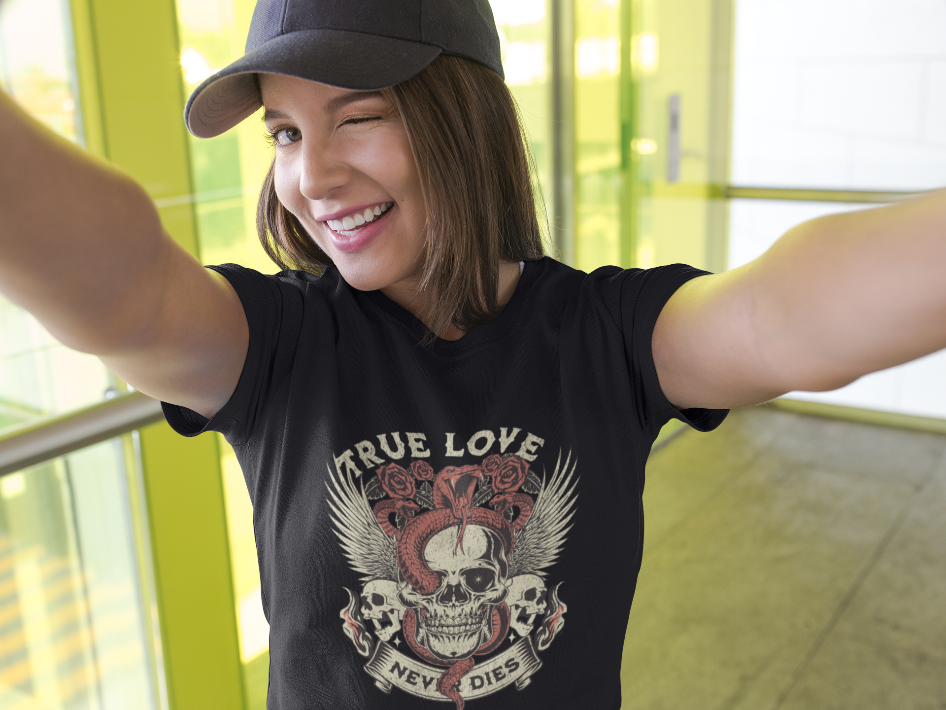 True Love Skull Graphic Organic Rib Baby Tee – Gothic Tattoo-Style Snake & Skull Shirt