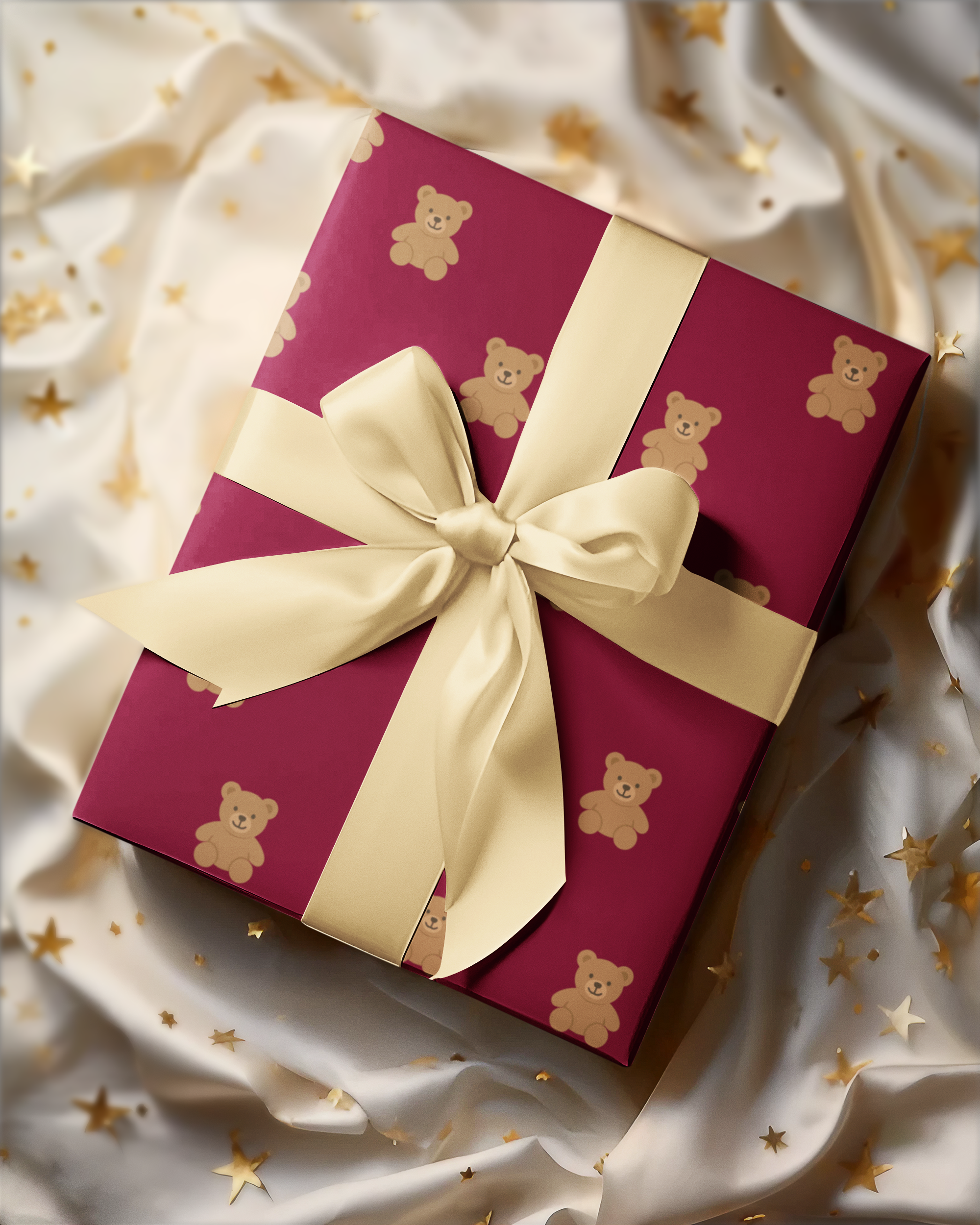 Teddy Bear Pattern Wrapping Paper — Festive Red & Gold Gift Wrap for Holidays