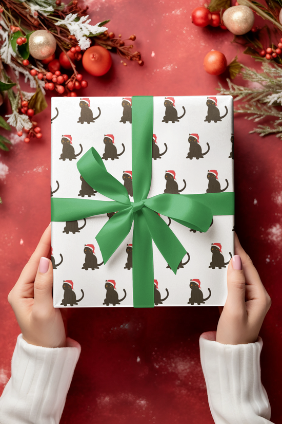 Cat Pattern Wrapping Paper — Black Cats in Santa Hats Holiday Gift Wrap