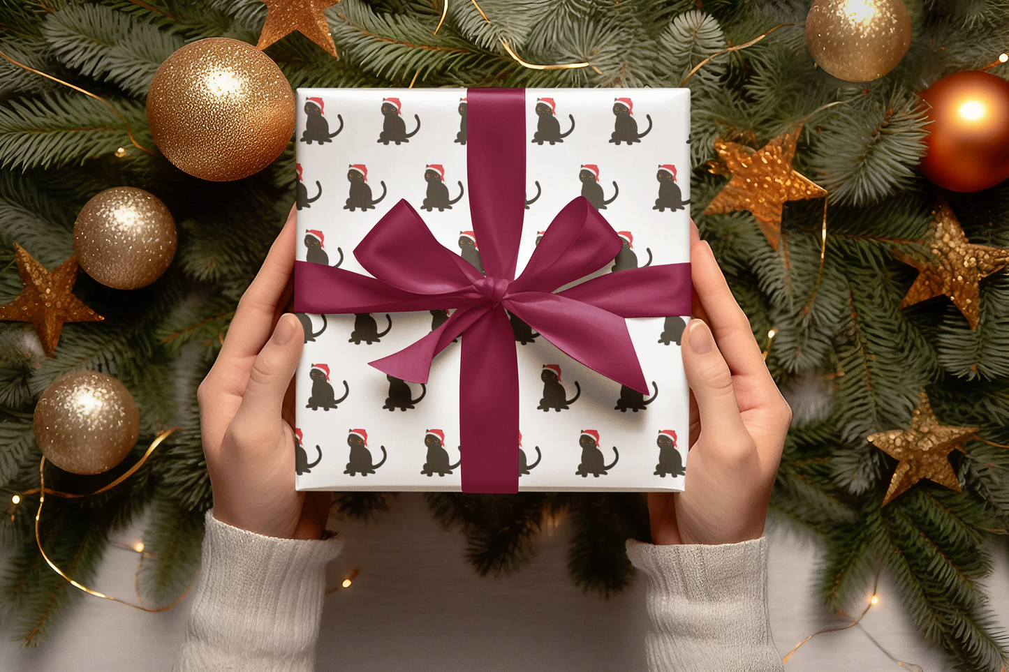 Cat Pattern Wrapping Paper — Black Cats in Santa Hats Holiday Gift Wrap