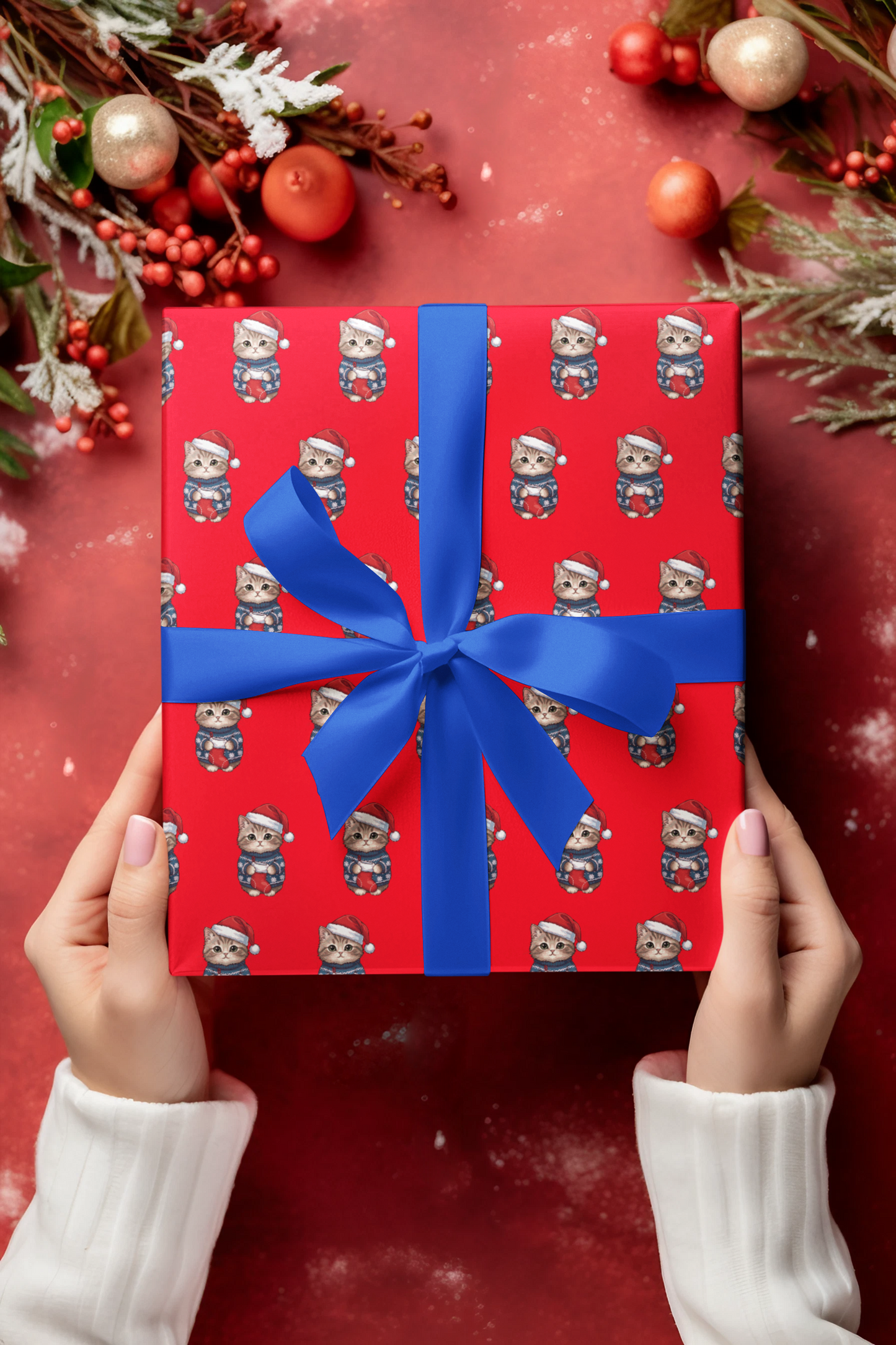 Holiday Cat Pattern Wrapping Paper — Red Santa Kitty Gift Wrap